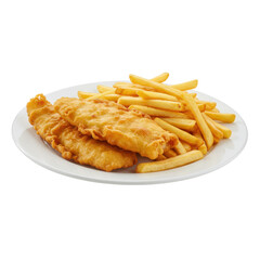 Crispy golden fried fish fillets served with golden French fries on a white plate