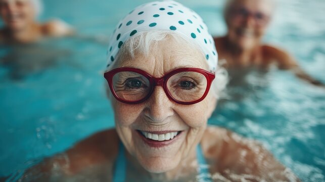 A joyful senior woman with glasses smiles at the camera while swimming, showcasing a vibrant atmosphere filled with camaraderie and wellness among friends.