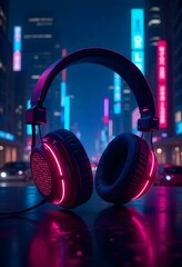 A 3D headphone in a neon background