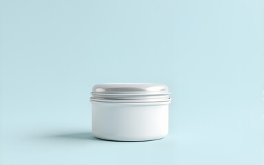 Small White Round Tin Container Mockup with Silver Lid on Pale Blue Background. High quality
