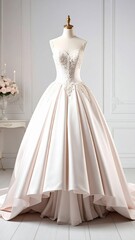 Fototapeta premium Elegant white wedding dress with lace details displayed on a mannequin in a classic, softly lit room.