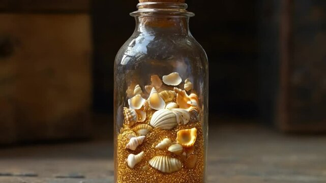 Glass jar filled with colorful seashells and sand, placed on a rustic wooden surface