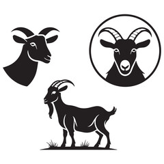 Three black goat illustrations two headshots one full body against a white background