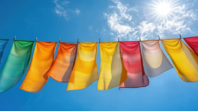 Colorful fabrics hanging on a clothesline against a vibrant blue sky