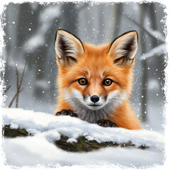 Fototapeta premium Adorable Baby Fox Peeking – Watercolor Woodland Animal Art