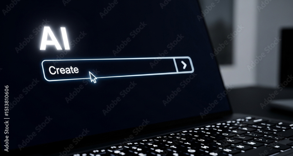 Poster ai create text on laptop screen | artificial intelligence technology for content generation, machine