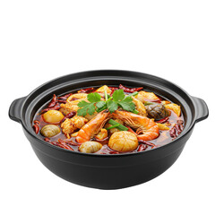 Fototapeta premium A vibrant seafood hot pot filled with shrimp, clams, and spices, served in a black pot