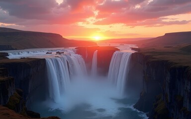 Fototapeta premium Serene Sunset Landscape with Cascading Waterfalls and Cliffs. High quality