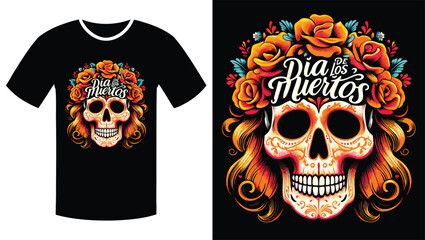 Fototapeta premium Floral Skull with Vibrant Orange Script: A Día de los Muertos Illustration T Shirt