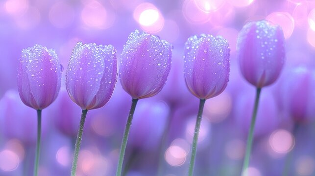 Pale purple tulips with dew drops