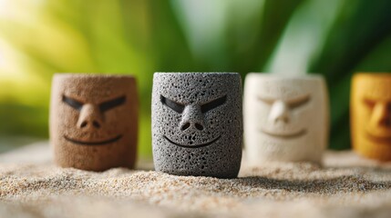 Tiki cocktail beach concept. Ceramic tiki mugs in various colors arranged on sand with a tropical backdrop.