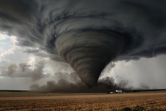 Ominous tornado looms over a wheat field with lightning strikes near a distant house