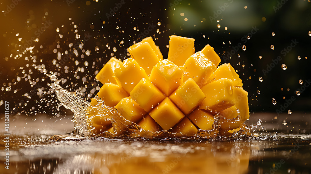 Poster a slice of mango is floating in a pool of water