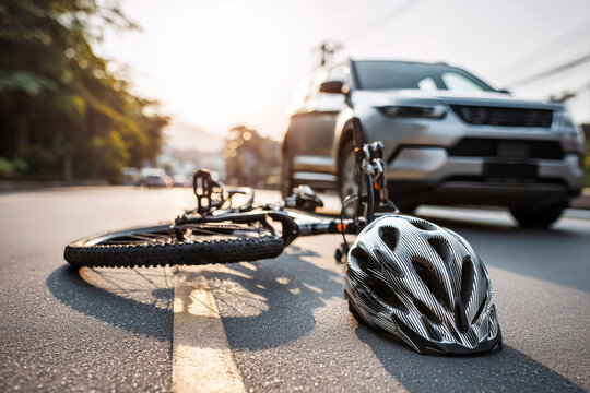 Traffic collision aftermath with broken bicycle and helmet on the road amidst urban chaos