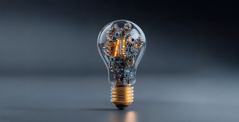 High-Tech 3D Gear Mechanism with Idea-Bulb Cogs and Award Trophies Illustrating Innovation Process in Modern Lab