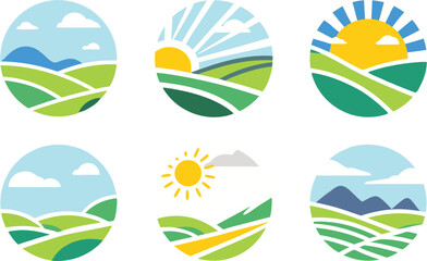 Fototapeta premium Nature Landscape Logo Icons - Circular Sun Mountain Field Design Elements