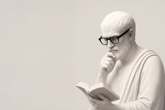 Marble philosopher statue reading book with black glasses. Philosophy, education, wisdom, critical thinking, intellectual humor. Image isolated on neutral background with copy space