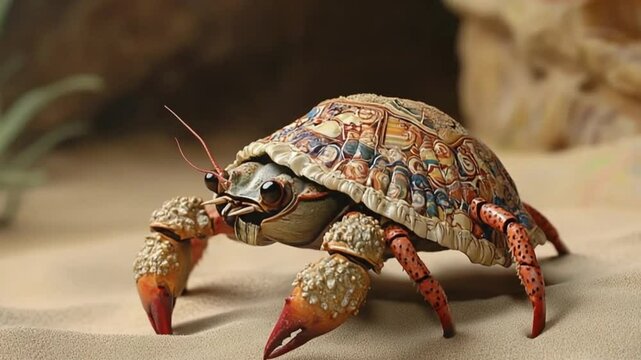Colorful hermit crab with intricate shell design crawling on sandy beach, surrounded by natural elements