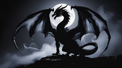 Majestic Dragon's Silhouette Rising from the Mist

