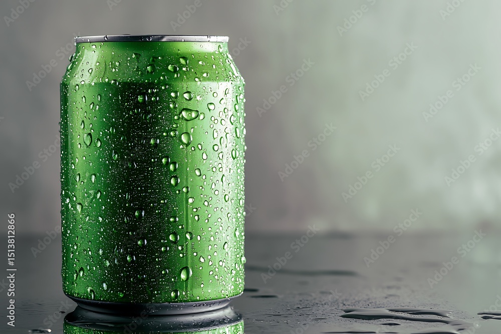 Poster carbonated drink can in glossy forest green color with water droplets, resting on a neutral backgrou