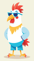 Cartoon rooster character wearing sunglasses and summer shorts standing confidently against a beige background
