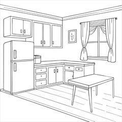 Hand-Drawn  sketch of Kitchen Interior with Cabinets and Appliances – Line Art Illustration	