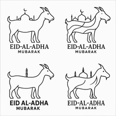 Eid al-Adha Mubarak Vector Set – Black and White Goat Silhouette with Mosque Elements for Islamic Holiday Design