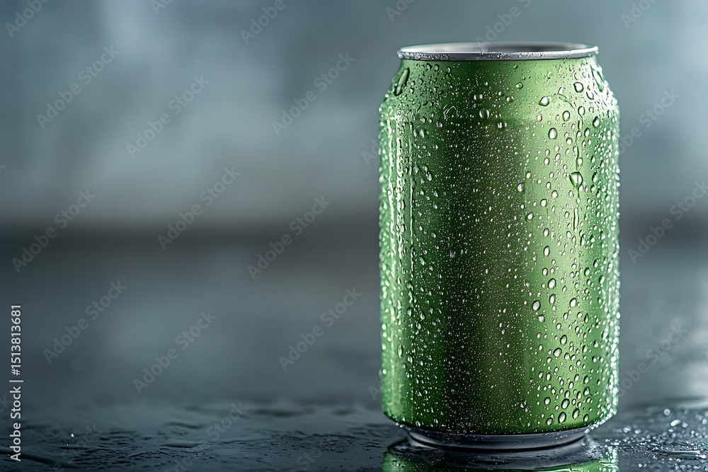 Poster carbonated drink can in glossy forest green color with water droplets, resting on a neutral backgrou