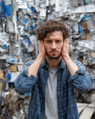 Hoarding disorder clutter room. Anxiety mental health stress. Overwhelmed man blocking ears from noisy environment