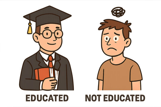 A contrasting depiction of an educated person vs. an uneducated person side by side