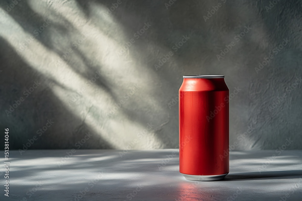Poster deep red drink can with matte finish and no markings, standing alone on a cool gray table with a sof