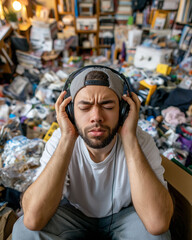 Hoarding disorder clutter room. Anxiety mental health stress. Overwhelmed man covering ears from noise and clutter