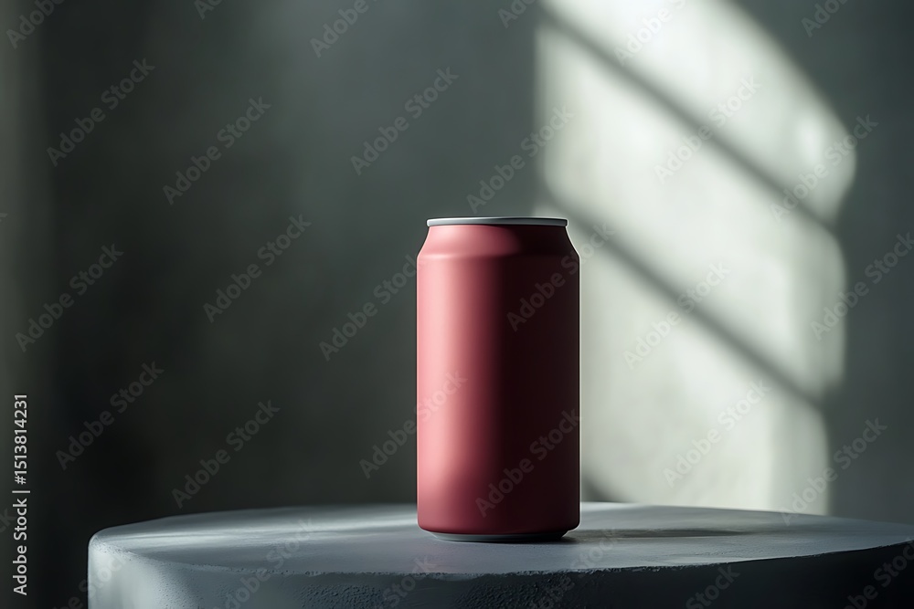 Poster deep red drink can with matte finish and no markings, standing alone on a cool gray table with a sof