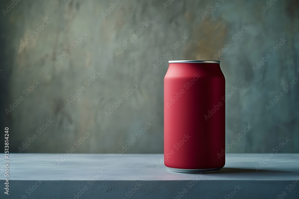 Poster deep red drink can with matte finish and no markings, standing alone on a cool gray table with a sof