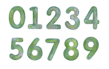 Hand painted watercolor green numbers 0-9 isolated on a white background.