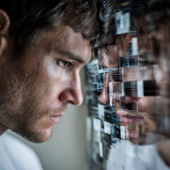 Synthetic identity fraud. A person morphing into digital form while reflecting in a mirror.
