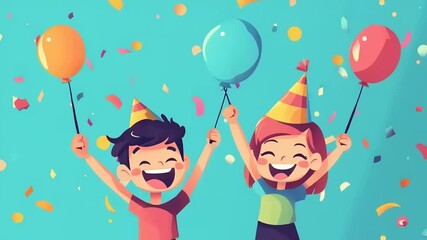 Two joyful children celebrating a birthday party with colorful balloons and confetti in the background - Powered by Adobe
