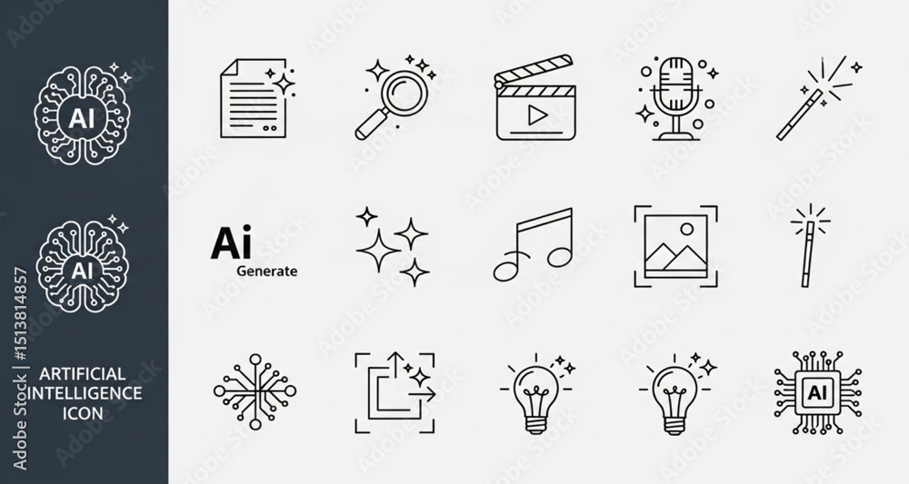 Poster ai generated icon set: artificial intelligence and media creation tools | vector line art symbols fo