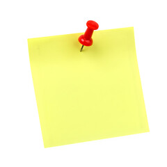 Yellow sticky post it note with red pushpin, isolated on white or transparent background. PNG