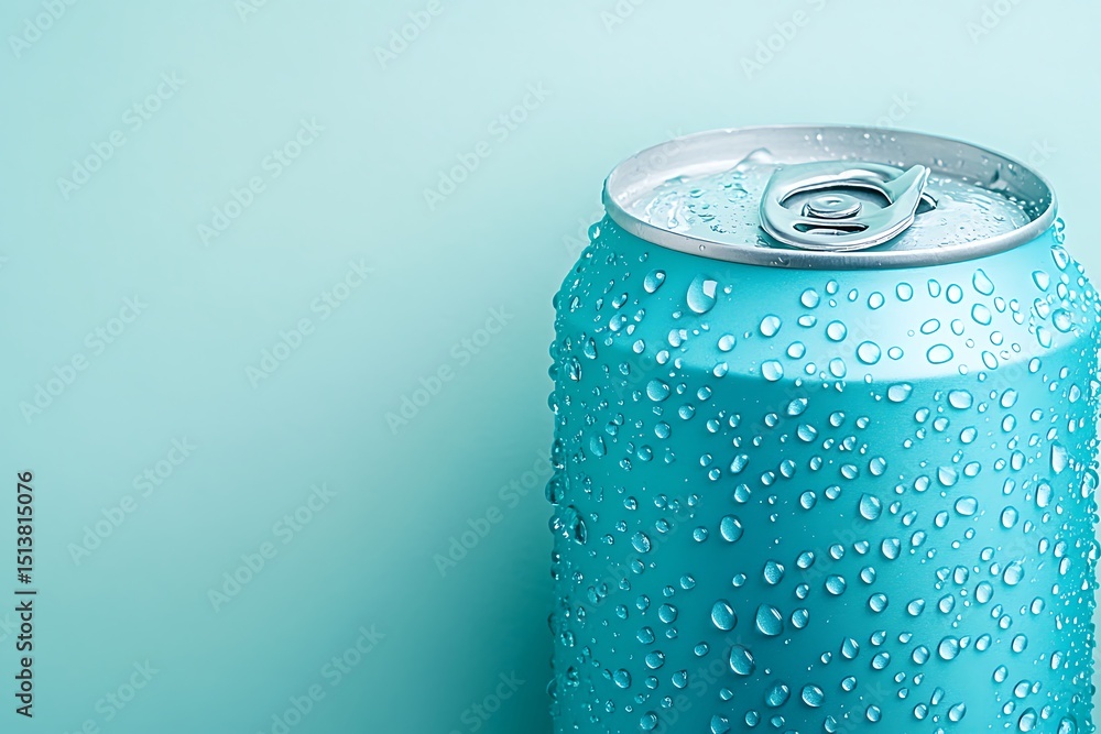 Poster flat lay of matte turquoise cold drink can with water droplets, centered on a pale background with c