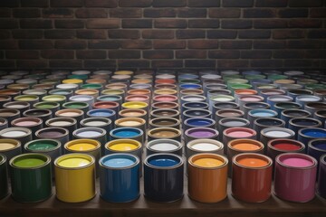 Colorful paint cans arranged in spectrum on dark wood surface with brick wall background