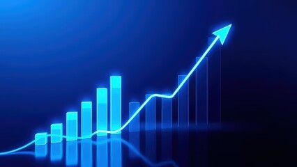 Abstract financial chart with rising trend line, glowing blue bars and line, dark blue gradient background 