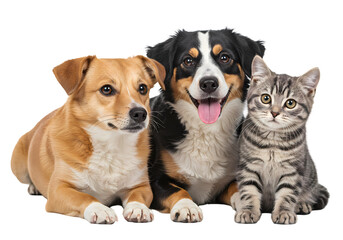 A Portrait of Canine Companionship Jack Russell Terrier Appenzeller Sennenhund and Tabby Cat isolated on transparent baackground