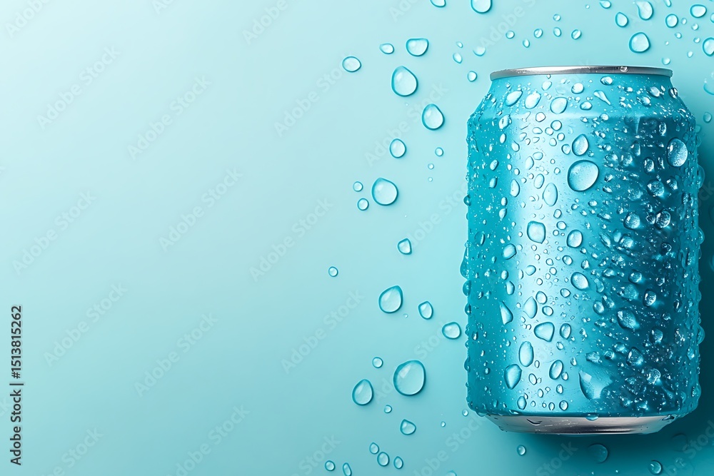 Poster flat lay of matte turquoise cold drink can with water droplets, centered on a pale background with c