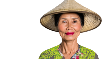 Asian Woman in Traditional Hat, Smiling Portrait, Cut out transparent