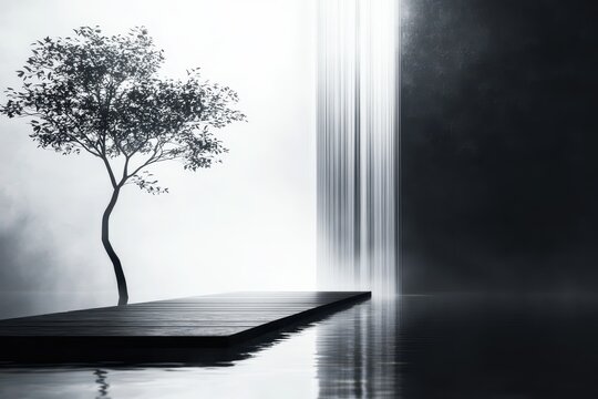Tub deck waterfall concept. A serene scene featuring a solitary tree by a calm water source with a waterfall backdrop.