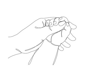 One line drawing of a mother holding her baby’s hand, symbolizing love and maternal bond. Vector illustration, Editable stroke
