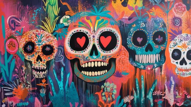 Funny cartoon skull decorated with traditional calavera painting for day of the dead in mexico, mexican traditions, festival