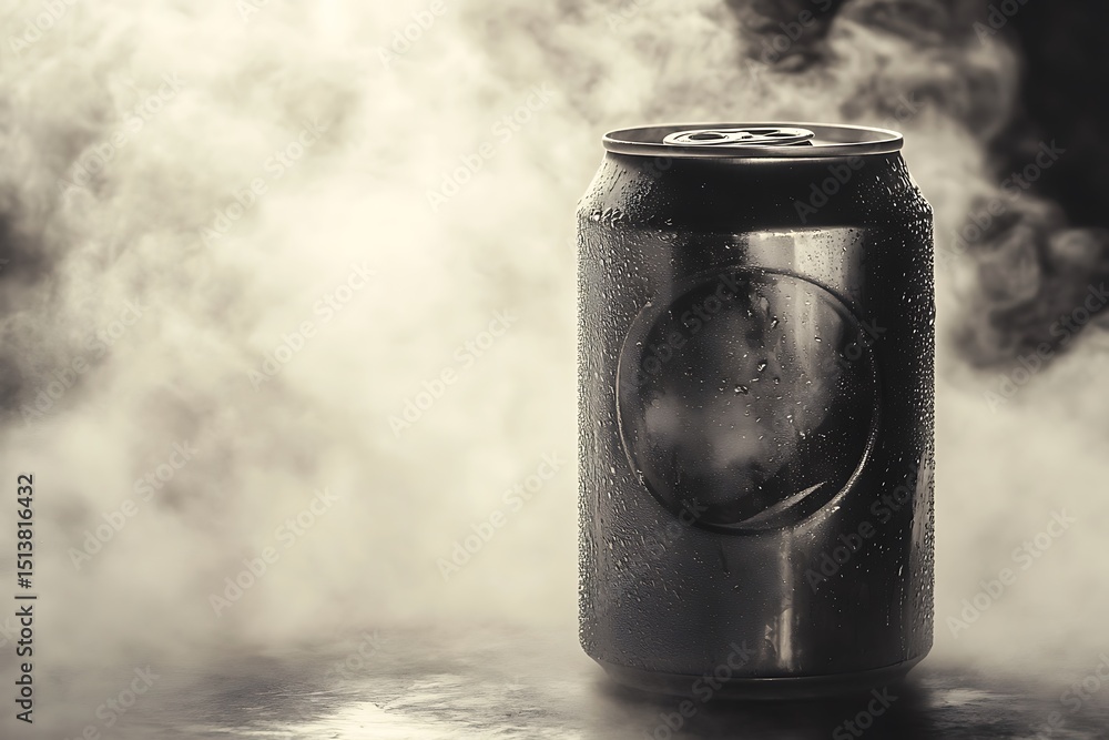 Poster graphite-colored cold drink can with light mist effect and soft shadows, isolated on a neutral tone 