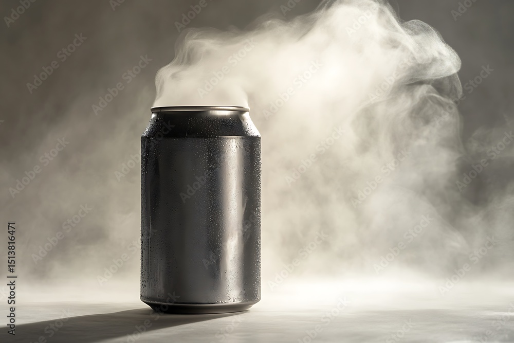 Poster graphite-colored cold drink can with light mist effect and soft shadows, isolated on a neutral tone 